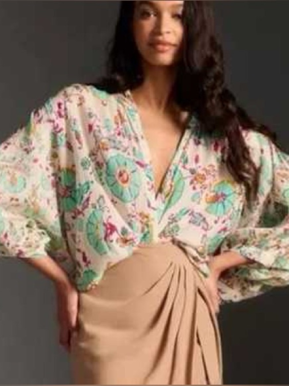 Pilcro by Anthropologie Mint Floral  V-Neck Balloon-Sleeve Blouse Size Large